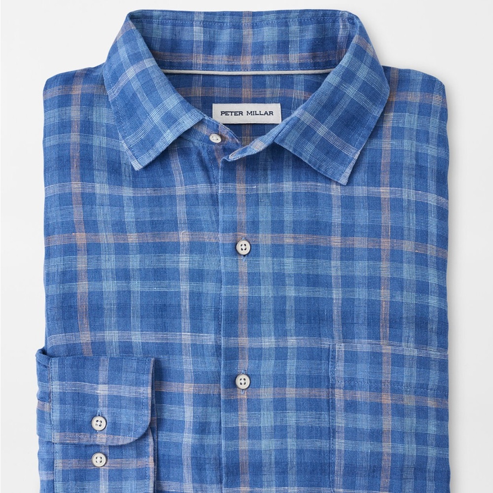Peter Millar Blue and Tan Checkered Men's Shirt